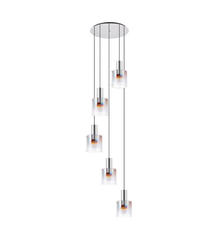 Ghent 65cm Round Pendant 5 Light E27 Polished Nickel/Black/Iridescent Fade Glass-4