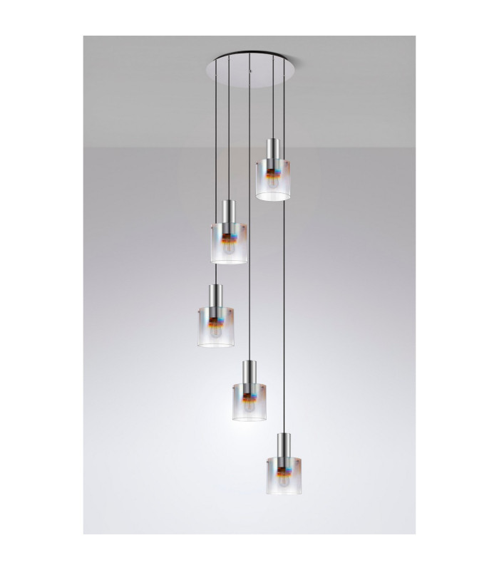 Ghent 65cm Round Pendant 5 Light E27 Polished Nickel/Black/Iridescent Fade Glass-8