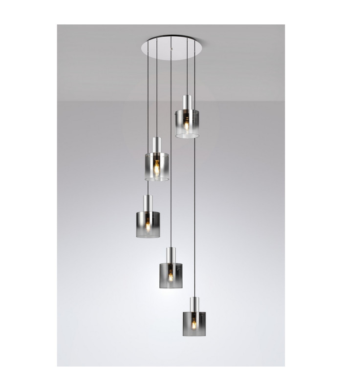 Ghent 65cm Round Pendant 5 Light E27 Polished Nickel/Black/Smoke Fade Glass-3
