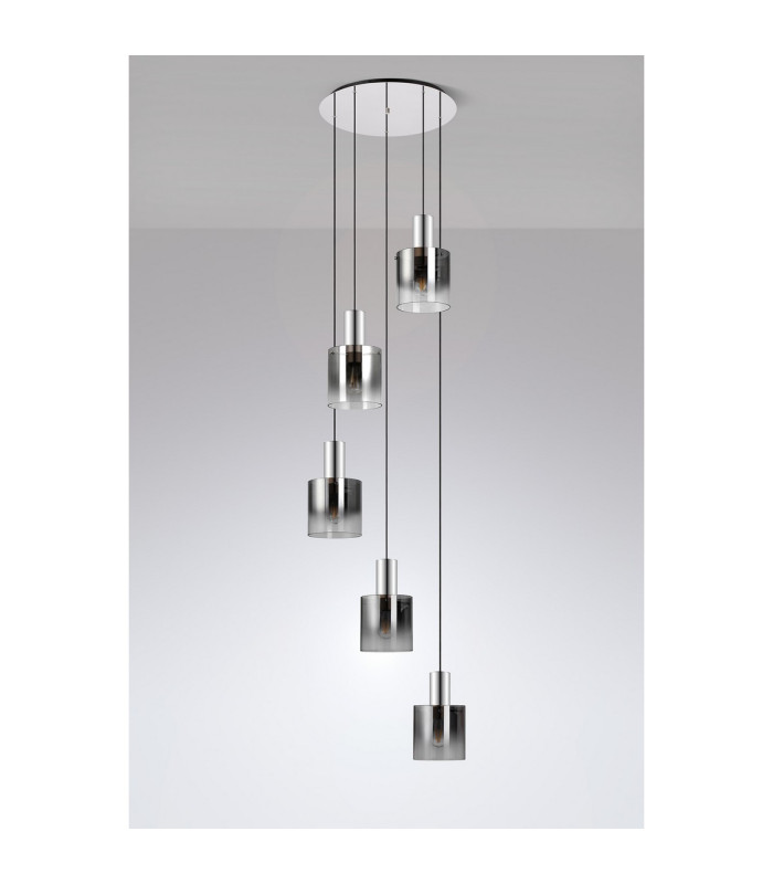Ghent 65cm Round Pendant 5 Light E27 Polished Nickel/Black/Smoke Fade Glass-8
