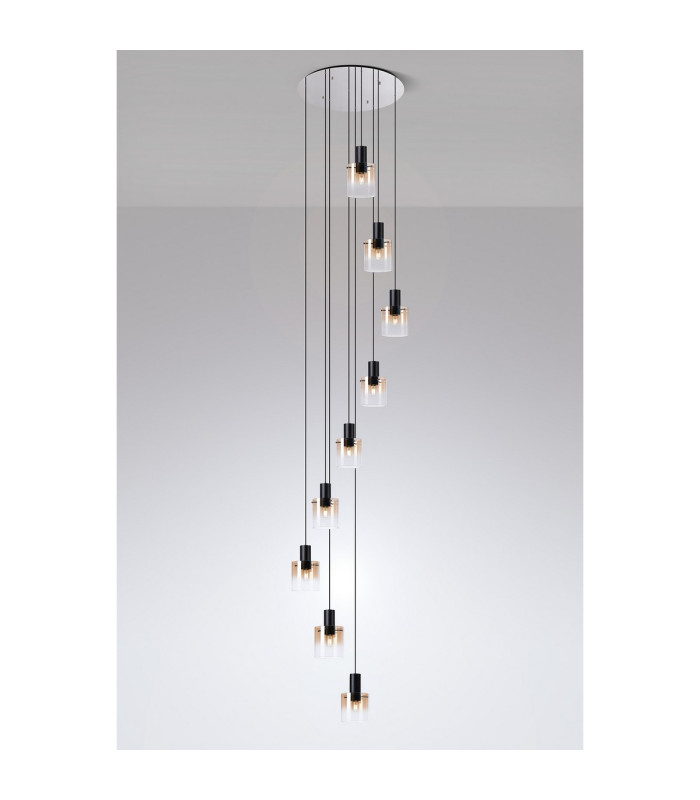 Ghent 80cm Round Pendant 9 Light Adjustable E27 Black/Amber Fade Glass Item Weight: 22kg-3
