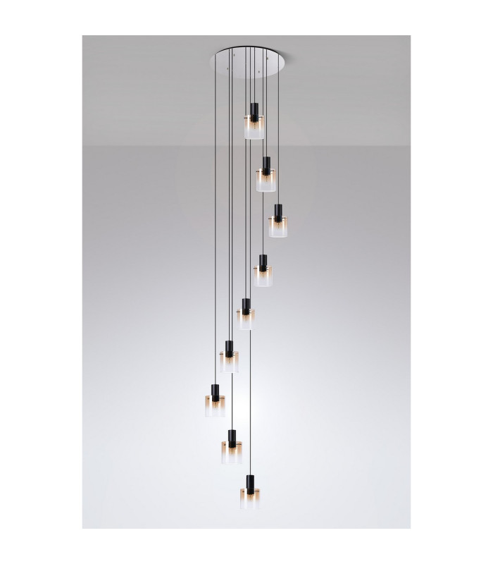 Ghent 80cm Round Pendant 9 Light Adjustable E27 Black/Amber Fade Glass Item Weight: 22kg-9