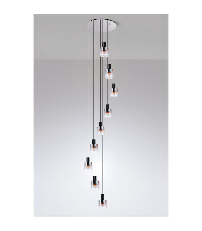 Ghent 80cm Round Pendant 9 Light Adjustable E27 Black/Iridescent Fade Glass Item Weight: 22kg-9