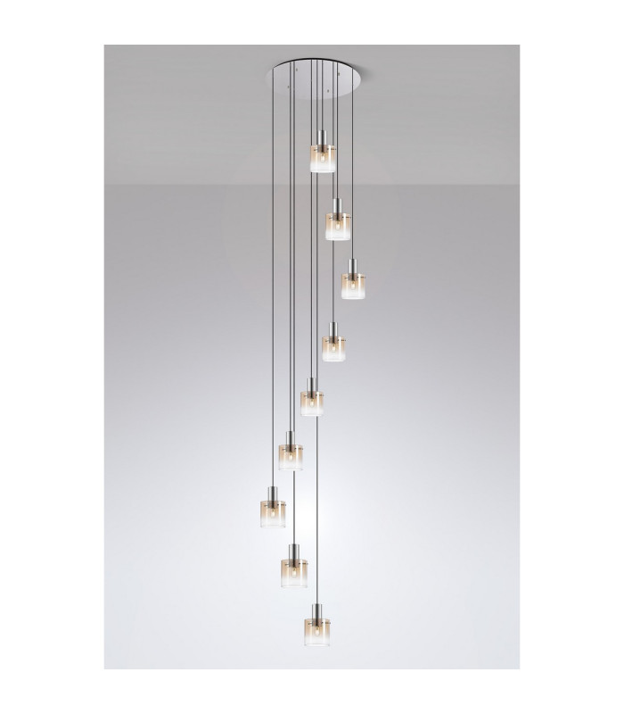 Ghent 90cm Round Pendant 9 Light E27 Polished Nickel/Black/Amber Fade Glass Item Weight: 22kg-3