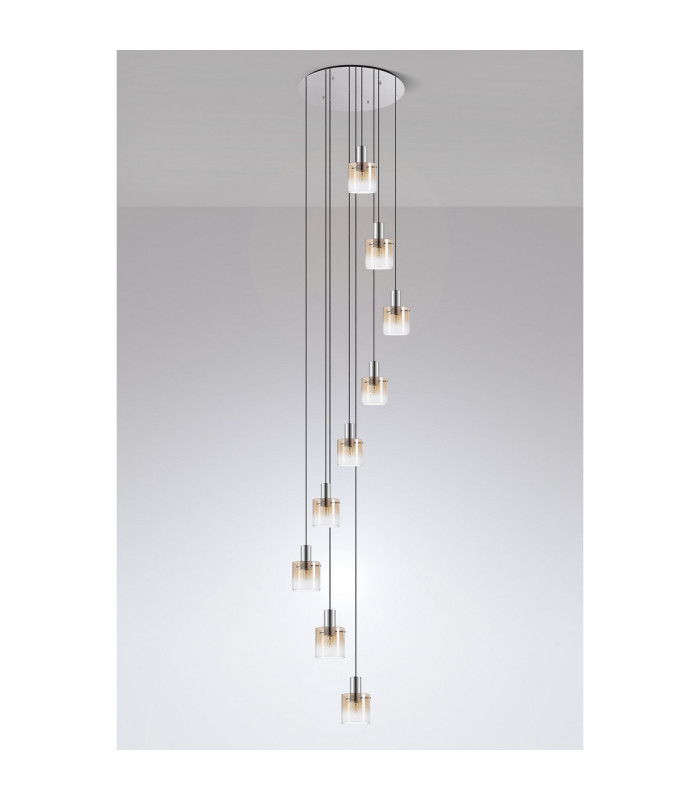 Ghent 90cm Round Pendant 9 Light E27 Polished Nickel/Black/Amber Fade Glass Item Weight: 22kg-9