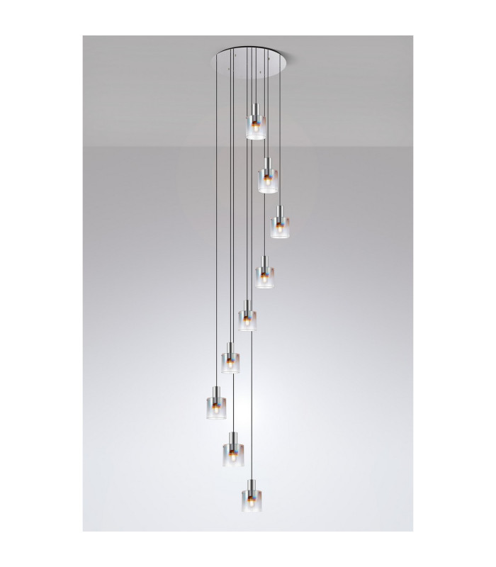 Ghent 90cm Round Pendant 9 Light E27 Polished Nickel/Black/Iridescent Fade Glass Item Weight: 22kg-3