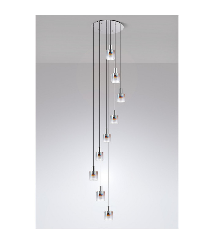 Ghent 90cm Round Pendant 9 Light E27 Polished Nickel/Black/Iridescent Fade Glass Item Weight: 22kg-9