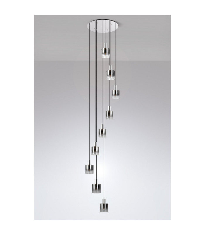 Ghent 90cm Round Pendant 9 Light E27 Polished Nickel/Black/Smoke Fade Glass Item Weight: 22kg-9