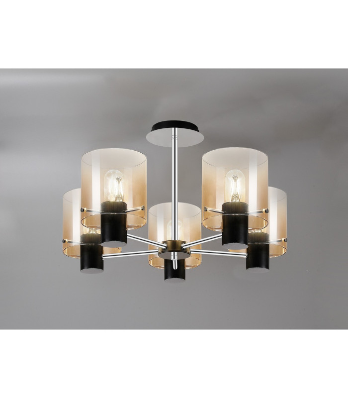 Ghent 60cm Semi Flush Light 5 x E27 Black/Amber Fade Glass-3