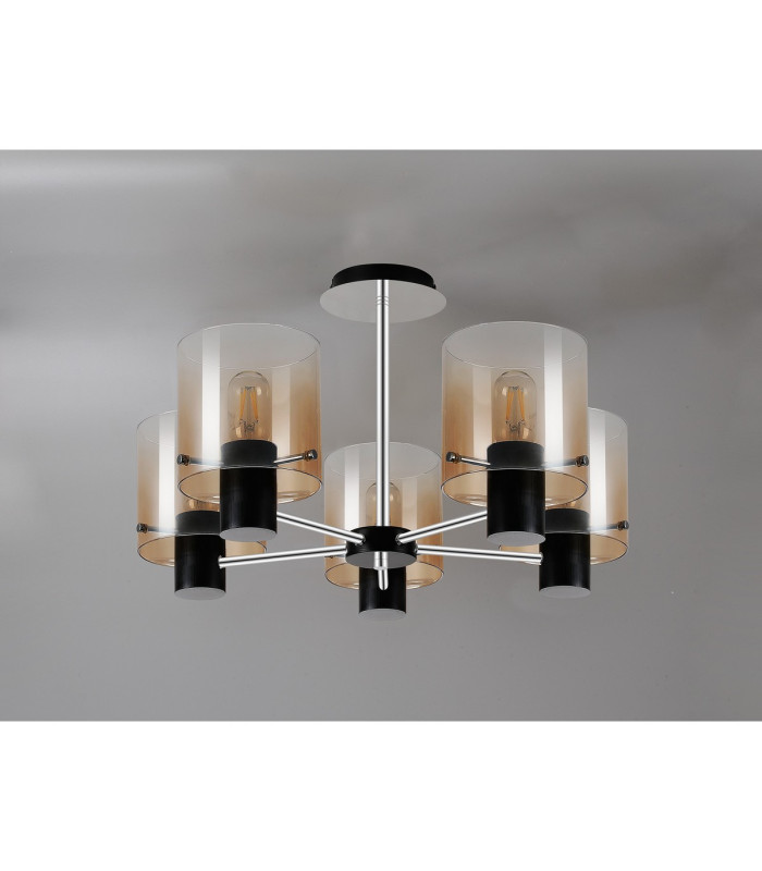 Ghent 60cm Semi Flush Light 5 x E27 Black/Amber Fade Glass-8