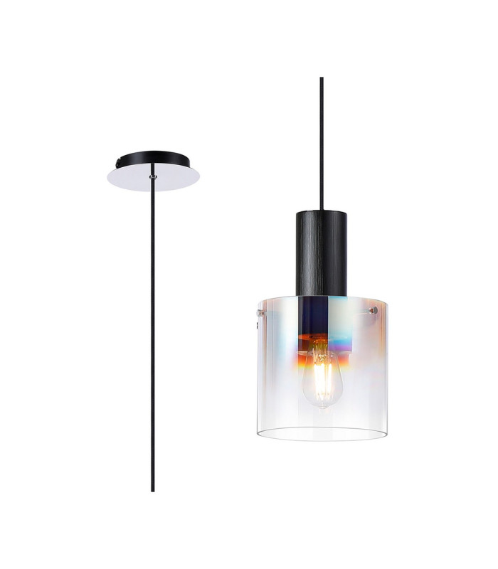 Ghent 20cm Single Pendant 1 Light Adjustable E27 Black/Iridescent Fade Glass-1