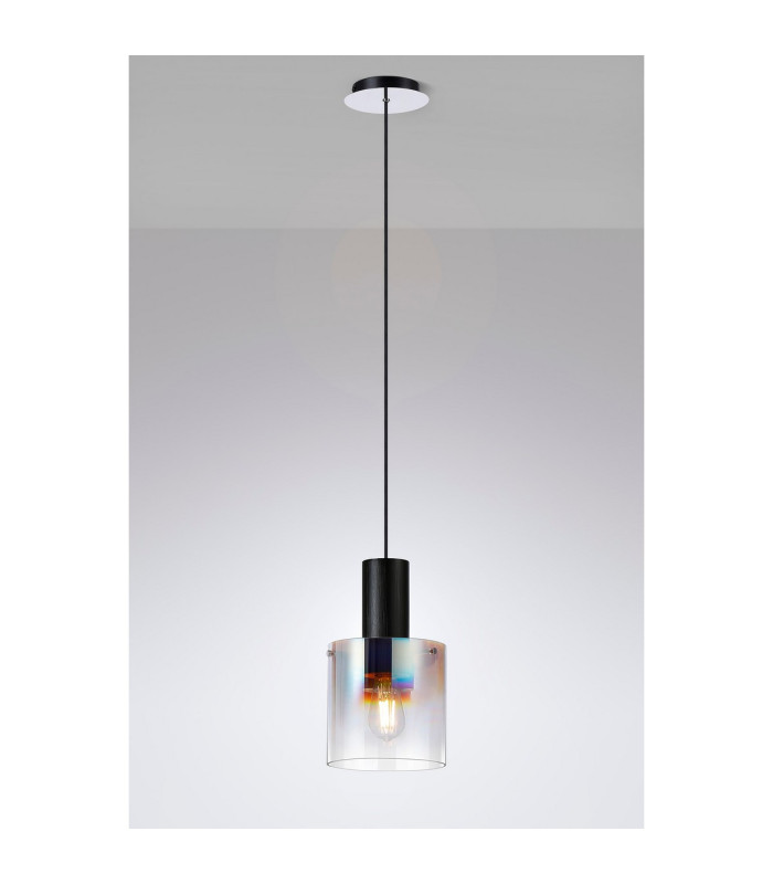 Ghent 20cm Single Pendant 1 Light Adjustable E27 Black/Iridescent Fade Glass-3