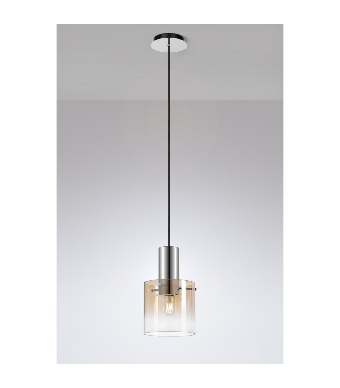 Ghent 20cm Single Pendant 1 Light Adjustable E27 Polished Nickel/Black/Amber Fade Glass-3