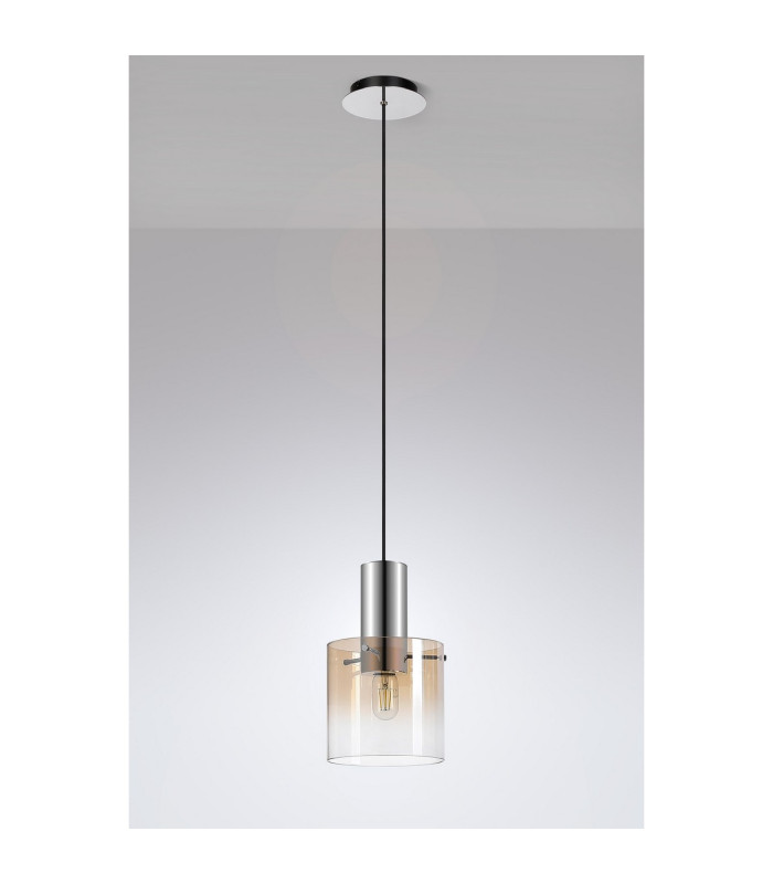Ghent 20cm Single Pendant 1 Light Adjustable E27 Polished Nickel/Black/Amber Fade Glass-8