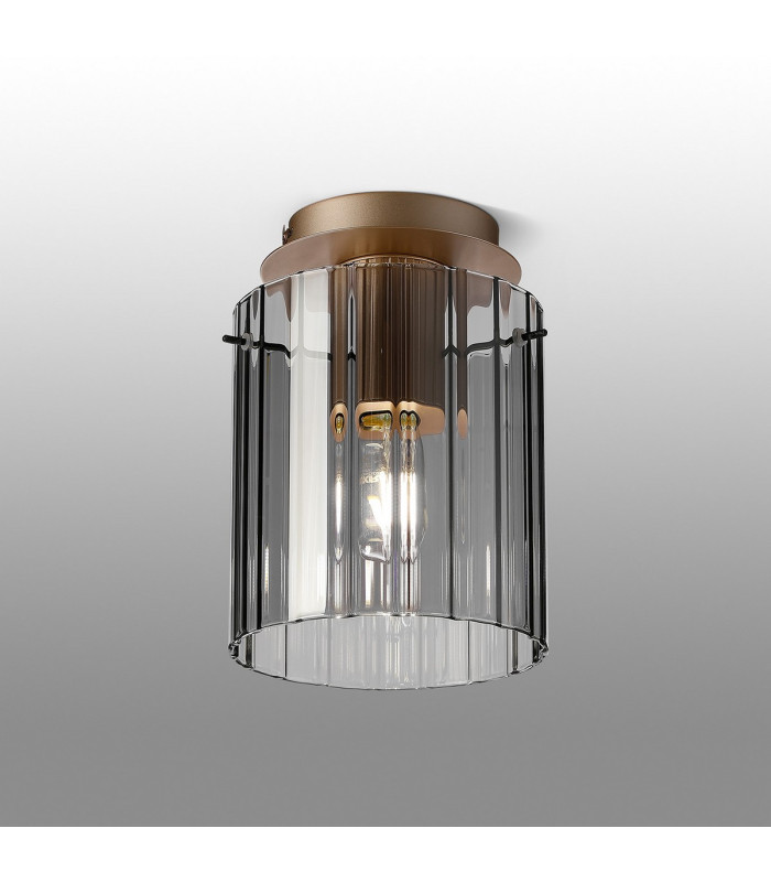 Hudson 21cm Round Ceiling Flush 1 Light Flush Fitting E27 Light Gold/Smoke Wide Line Glass-3