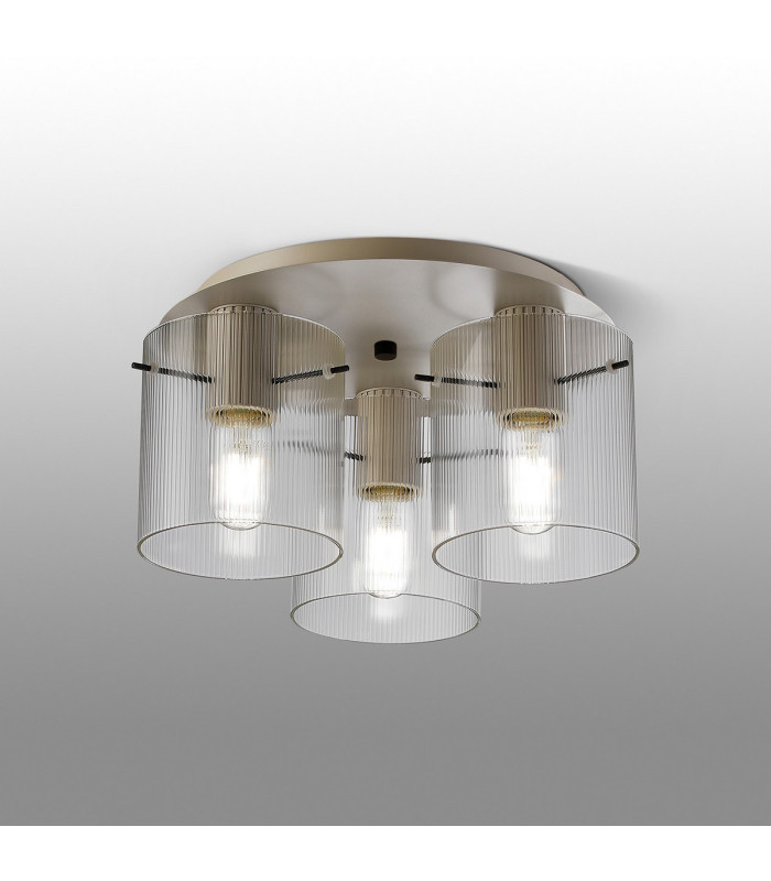 Hudson 41cm Round Ceiling Flush 3 Light Flush Fitting E27 Beige Stone/Clear Narrow Line Glass-3