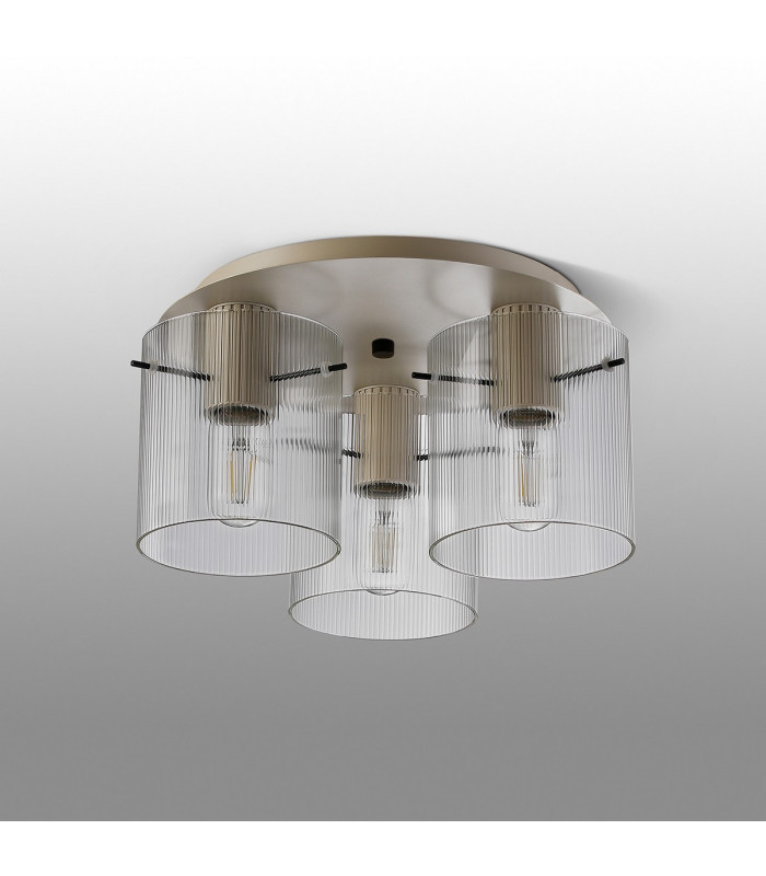 Hudson 41cm Round Ceiling Flush 3 Light Flush Fitting E27 Beige Stone/Clear Narrow Line Glass-7