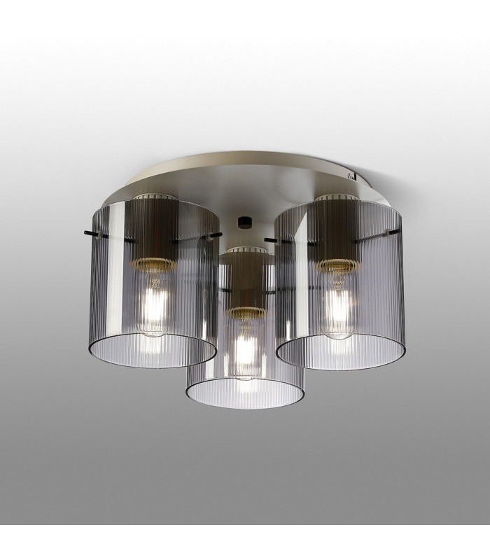 Hudson 41cm Round Ceiling Flush 3 Light Flush Fitting E27 Beige Stone/Smoke Narrow Line Glass-3