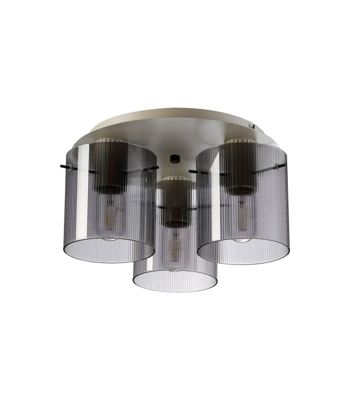 Hudson 41cm Round Ceiling Flush 3 Light Flush Fitting E27 Beige Stone/Smoke Narrow Line Glass-4