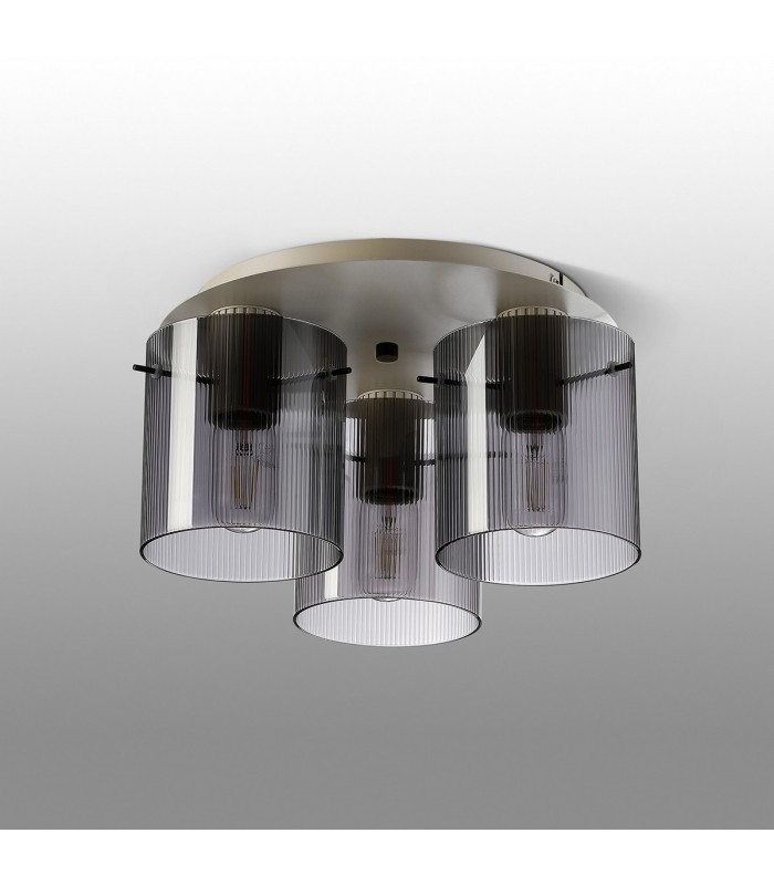 Hudson 41cm Round Ceiling Flush 3 Light Flush Fitting E27 Beige Stone/Smoke Narrow Line Glass-7
