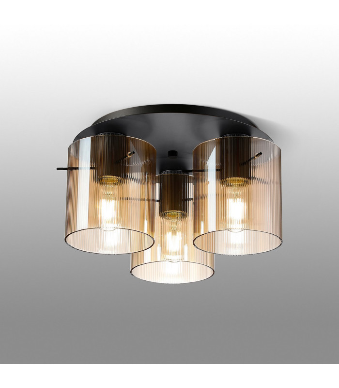 Hudson 41cm Round Ceiling Flush 3 Light Flush Fitting E27 Dark Grey/Amber Narrow Line Glass-3