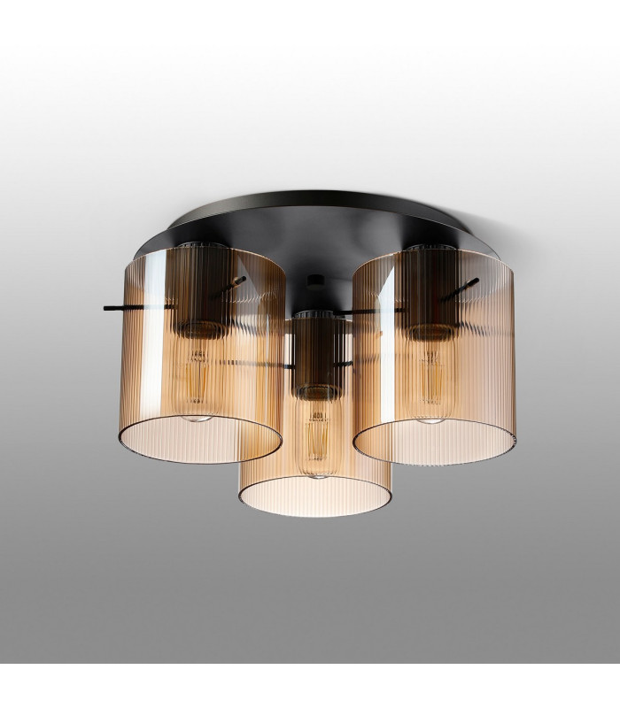 Hudson 41cm Round Ceiling Flush 3 Light Flush Fitting E27 Dark Grey/Amber Narrow Line Glass-7
