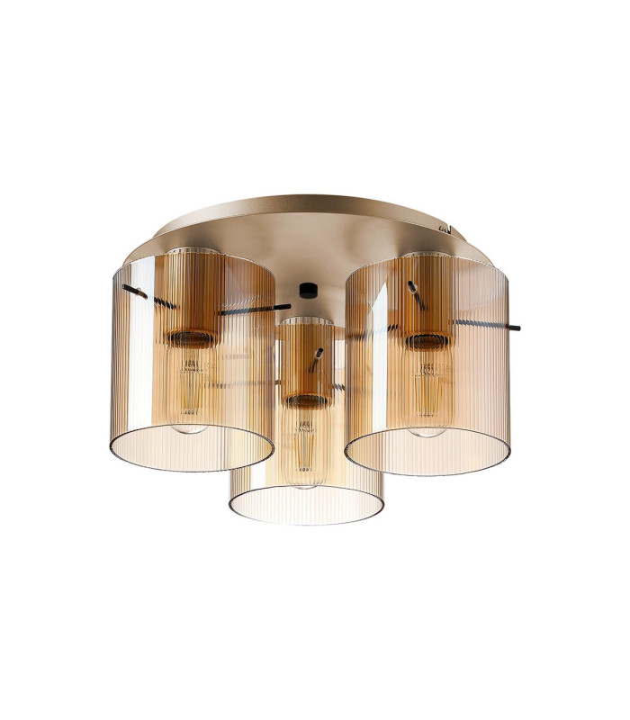 Hudson 41cm Round Ceiling Flush 3 Light Flush Fitting E27 Light Gold/Amber Narrow Line Glass-4