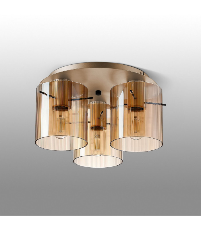Hudson 41cm Round Ceiling Flush 3 Light Flush Fitting E27 Light Gold/Amber Narrow Line Glass-7