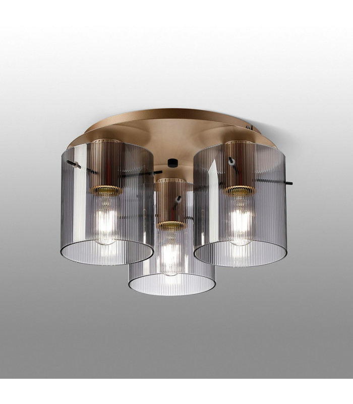 Hudson 41cm Round Ceiling Flush 3 Light Flush Fitting E27 Light Gold/Smoke Narrow Line Glass-3