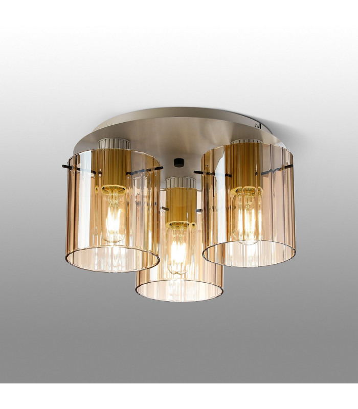 Hudson 41cm Round Ceiling Flush 3 Light Flush Fitting E27 Beige Stone/Amber Wide Line Glass-3