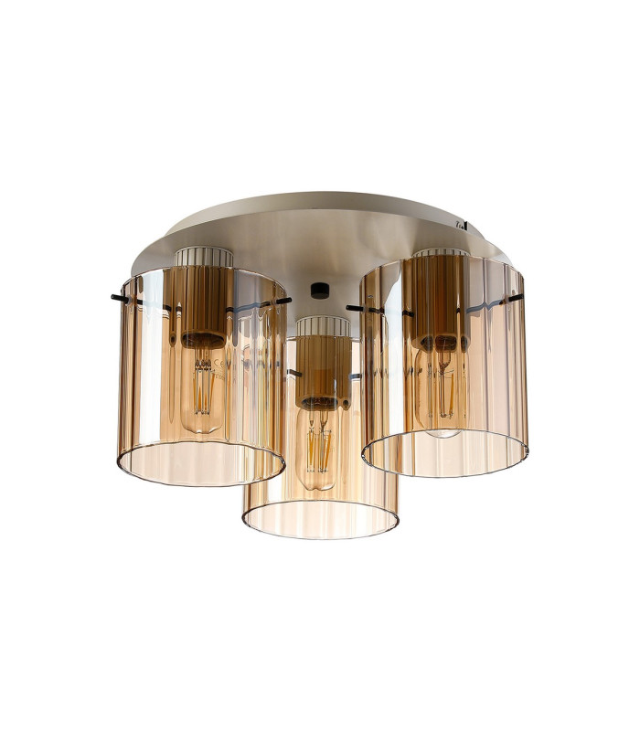 Hudson 41cm Round Ceiling Flush 3 Light Flush Fitting E27 Beige Stone/Amber Wide Line Glass-4