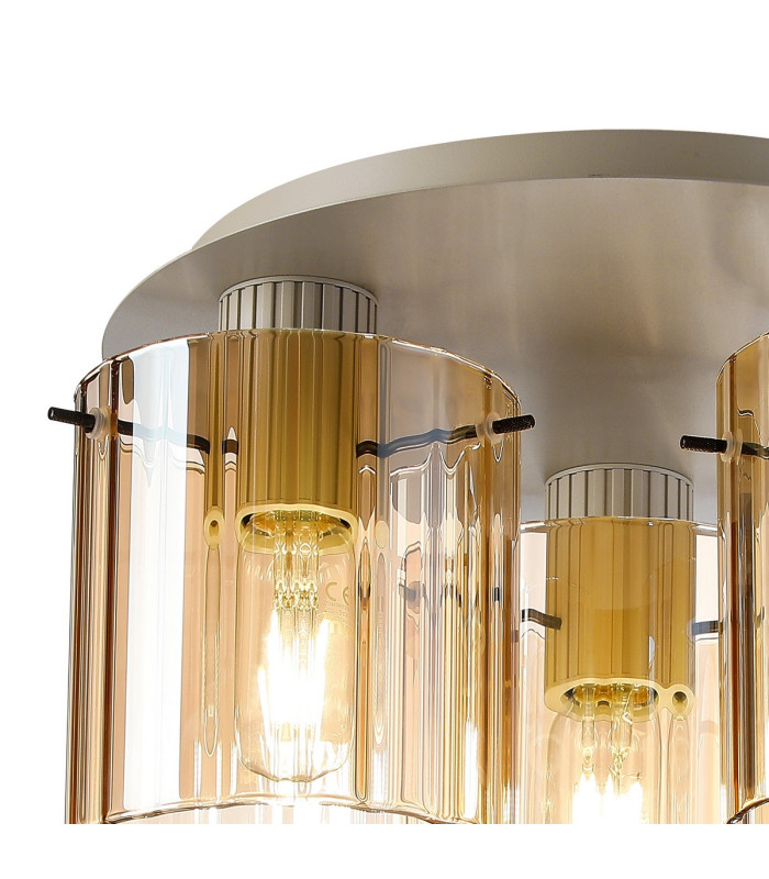 Hudson 41cm Round Ceiling Flush 3 Light Flush Fitting E27 Beige Stone/Amber Wide Line Glass-5