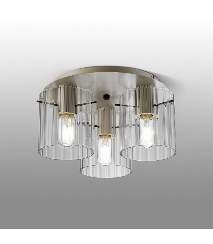 Hudson 41cm Round Ceiling Flush 3 Light Flush Fitting E27 Beige Stone/Clear Wide Line Glass-3