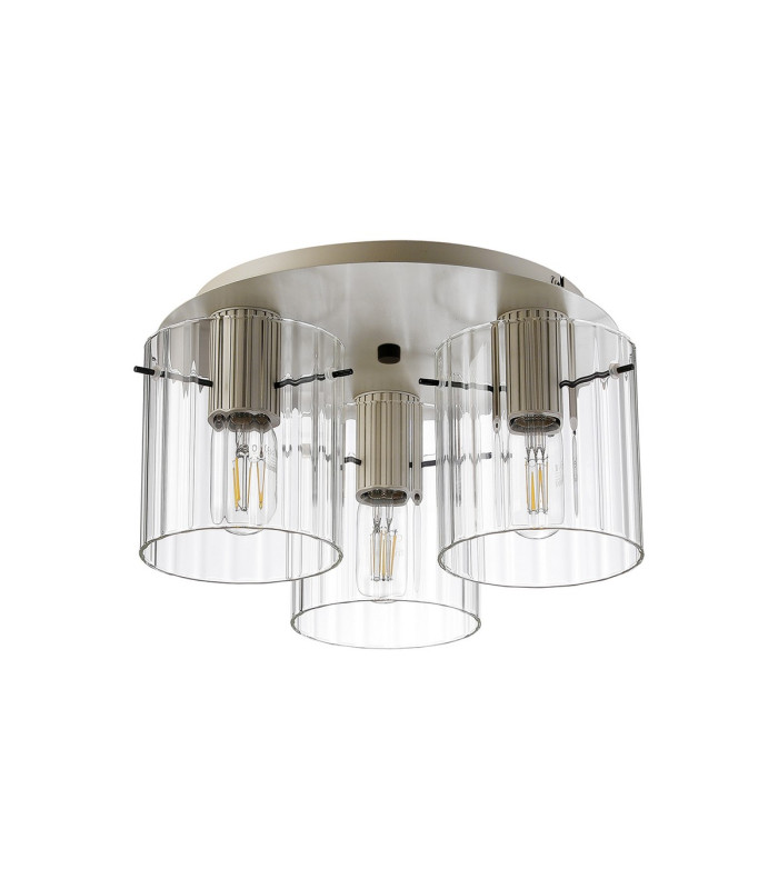 Hudson 41cm Round Ceiling Flush 3 Light Flush Fitting E27 Beige Stone/Clear Wide Line Glass-4