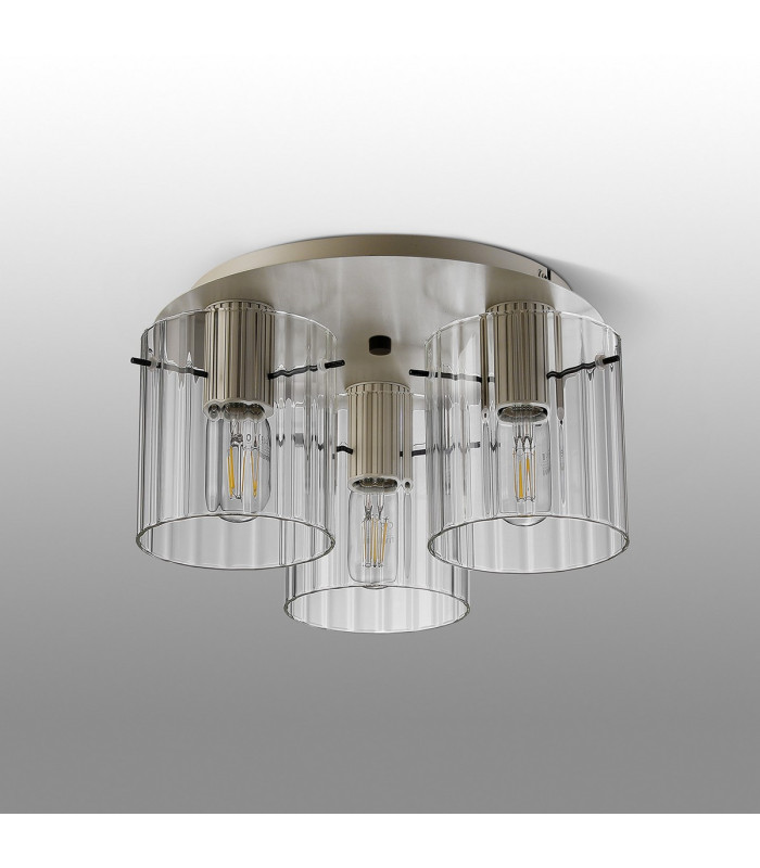Hudson 41cm Round Ceiling Flush 3 Light Flush Fitting E27 Beige Stone/Clear Wide Line Glass-7