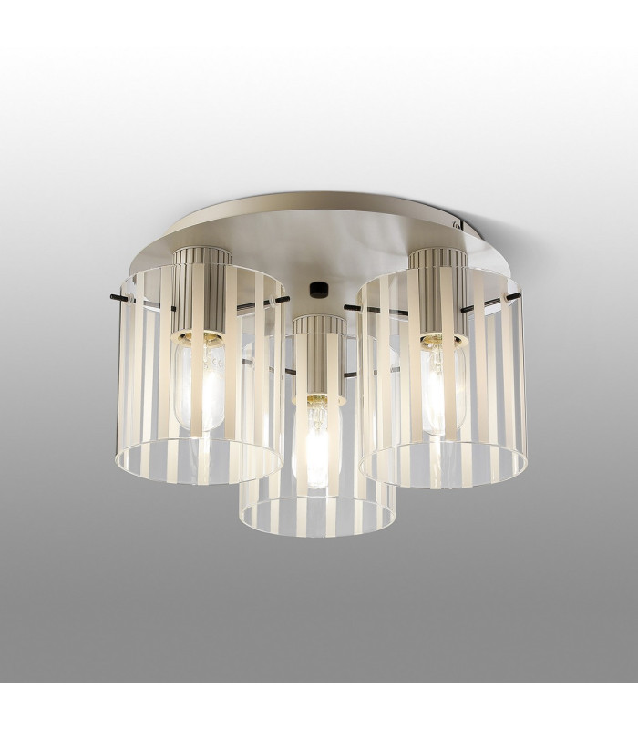 Hudson 41cm Round Ceiling Flush 3 Light Flush Fitting E27 Beige Stone/Frosted/Clear Wide Line Glass-3