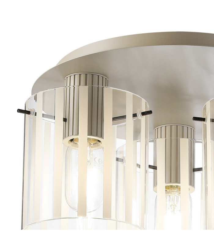 Hudson 41cm Round Ceiling Flush 3 Light Flush Fitting E27 Beige Stone/Frosted/Clear Wide Line Glass-5