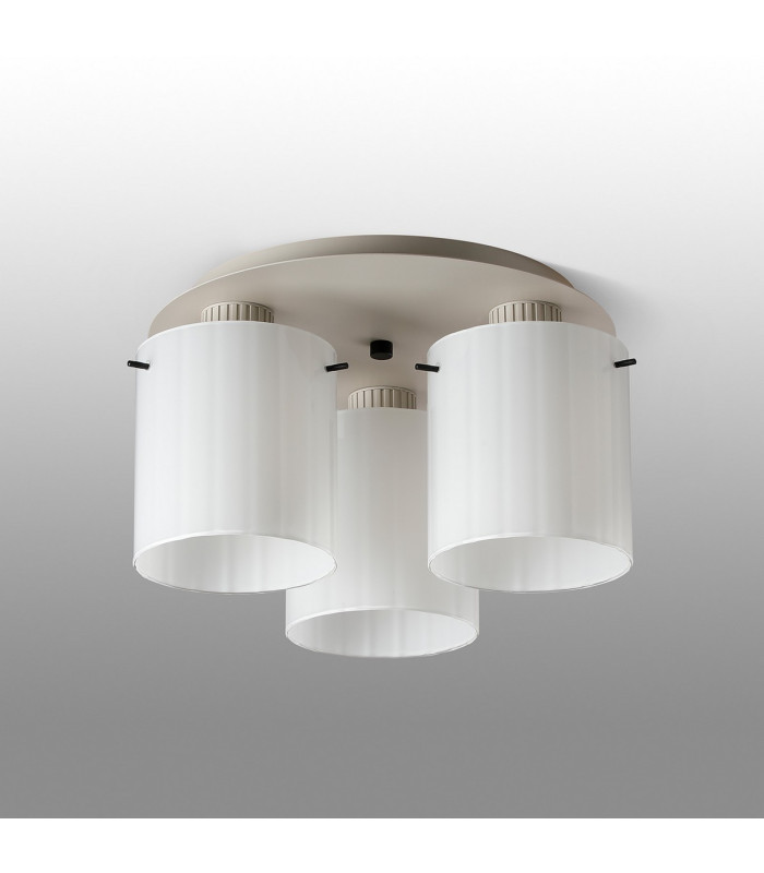 Hudson 41cm Round Ceiling Flush 3 Light Flush Fitting E27 Beige Stone/Gloss White Wide Line Glass-7