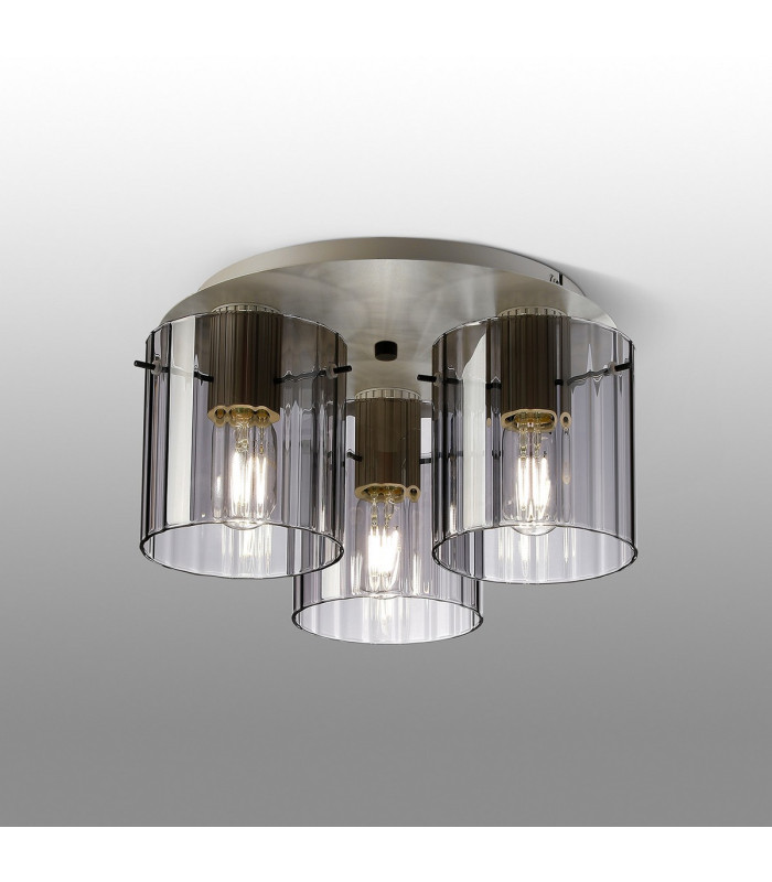 Hudson 41cm Round Ceiling Flush 3 Light Flush Fitting E27 Beige Stone/Smoke Wide Line Glass-3