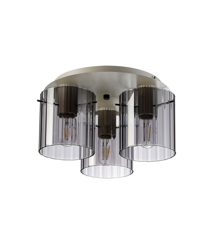 Hudson 41cm Round Ceiling Flush 3 Light Flush Fitting E27 Beige Stone/Smoke Wide Line Glass-4