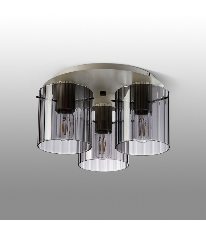 Hudson 41cm Round Ceiling Flush 3 Light Flush Fitting E27 Beige Stone/Smoke Wide Line Glass-7