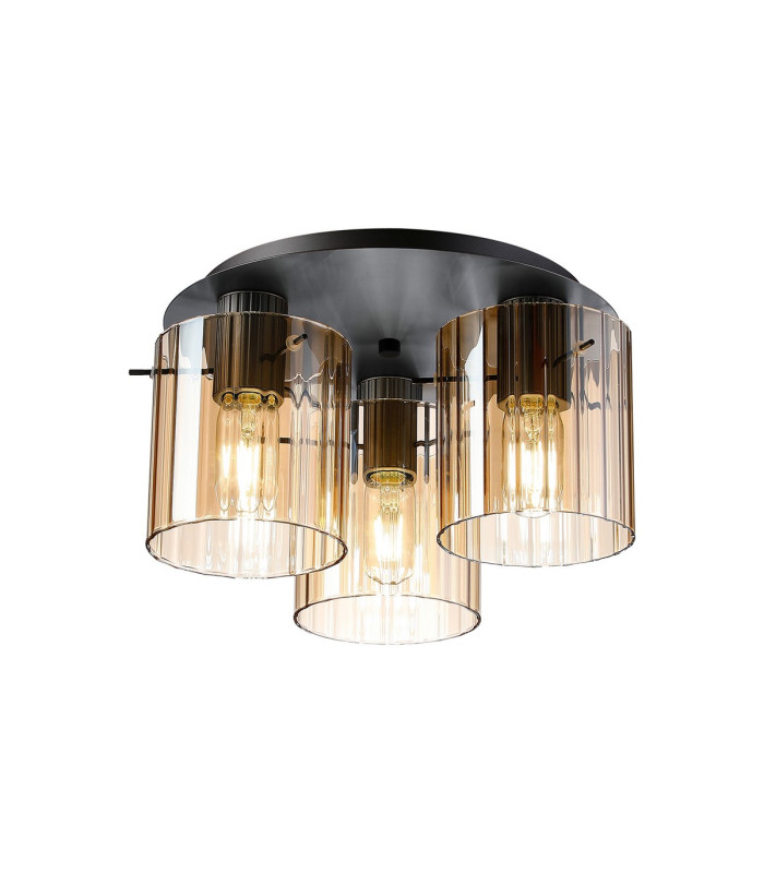 Hudson 41cm Round Ceiling Flush 3 Light Flush Fitting E27 Dark Grey/Amber Wide Line Glass-1