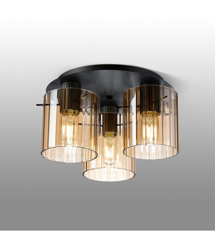 Hudson 41cm Round Ceiling Flush 3 Light Flush Fitting E27 Dark Grey/Amber Wide Line Glass-3