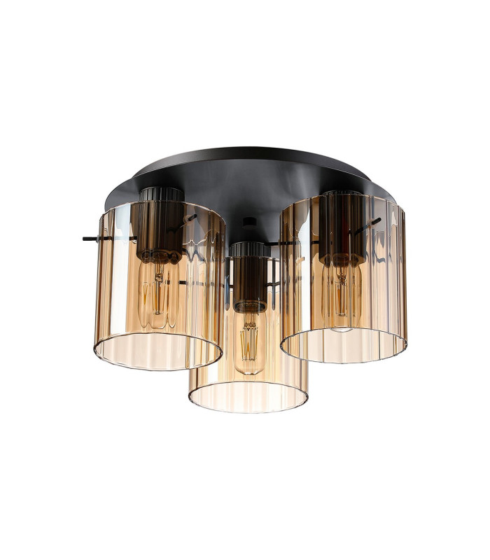 Hudson 41cm Round Ceiling Flush 3 Light Flush Fitting E27 Dark Grey/Amber Wide Line Glass-4