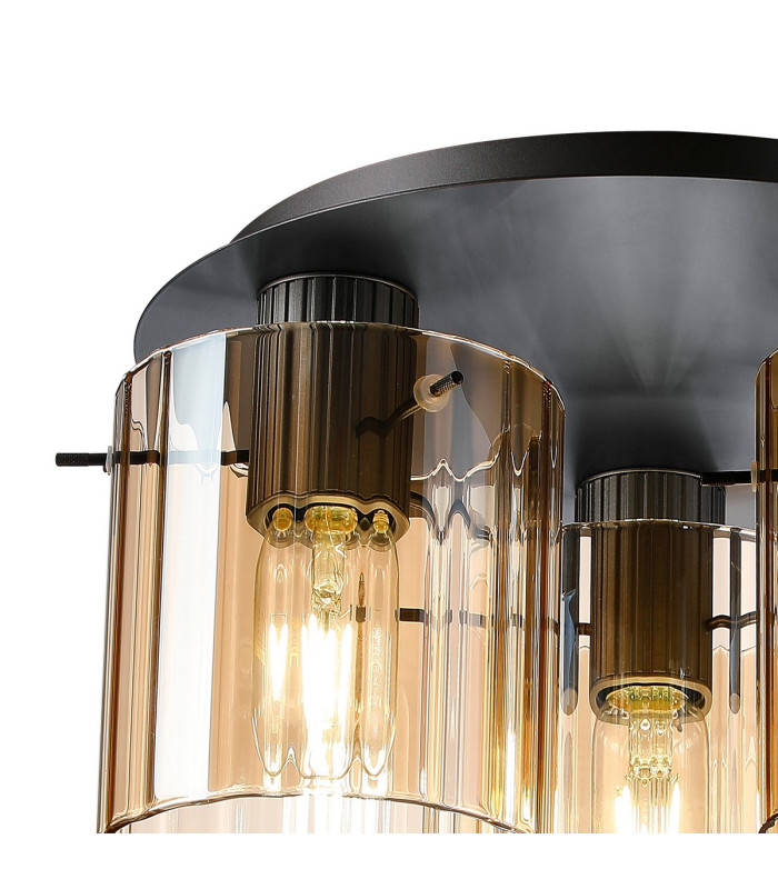 Hudson 41cm Round Ceiling Flush 3 Light Flush Fitting E27 Dark Grey/Amber Wide Line Glass-5