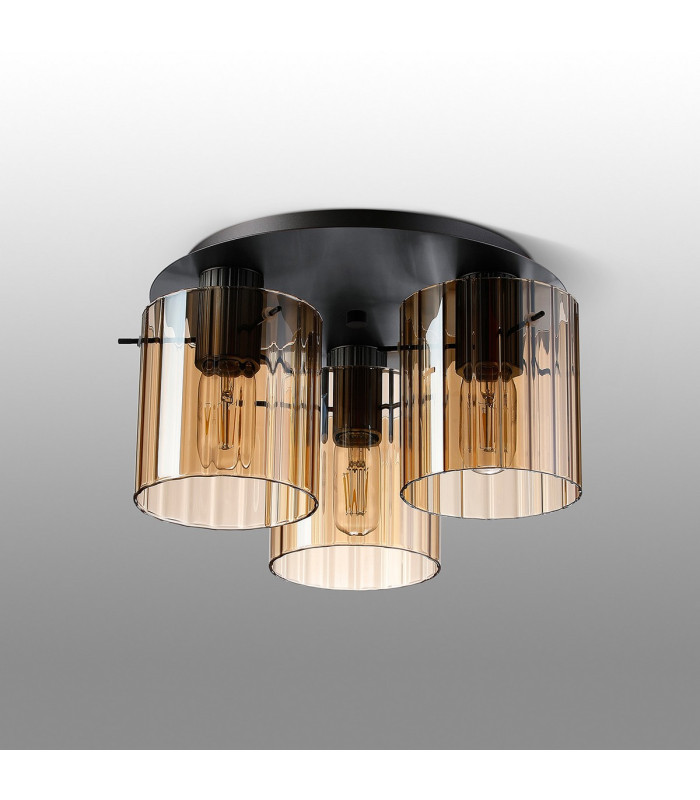 Hudson 41cm Round Ceiling Flush 3 Light Flush Fitting E27 Dark Grey/Amber Wide Line Glass-7