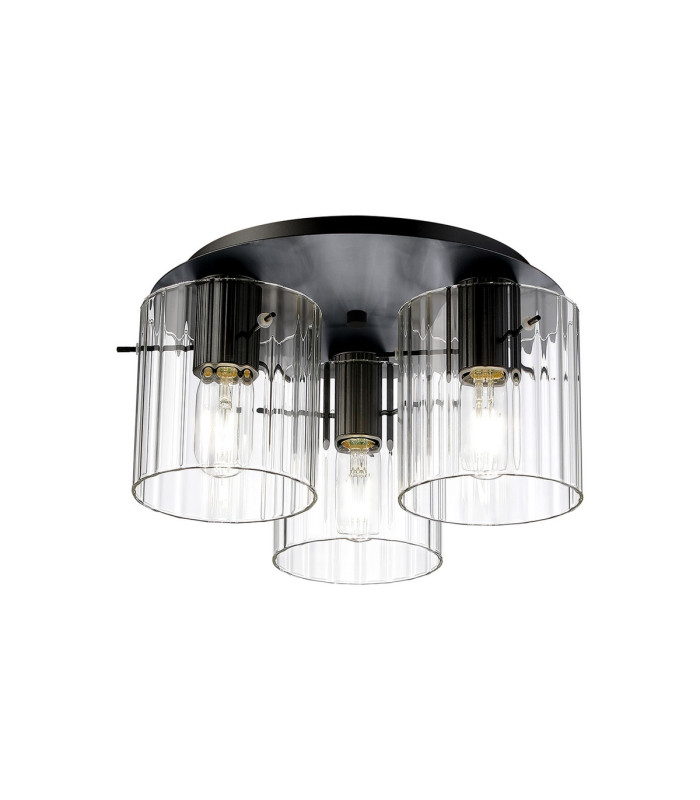Hudson 41cm Round Ceiling Flush 3 Light Flush Fitting E27 Dark Grey/Clear Wide Line Glass-1