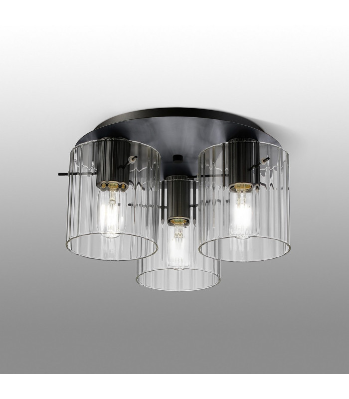 Hudson 41cm Round Ceiling Flush 3 Light Flush Fitting E27 Dark Grey/Clear Wide Line Glass-3