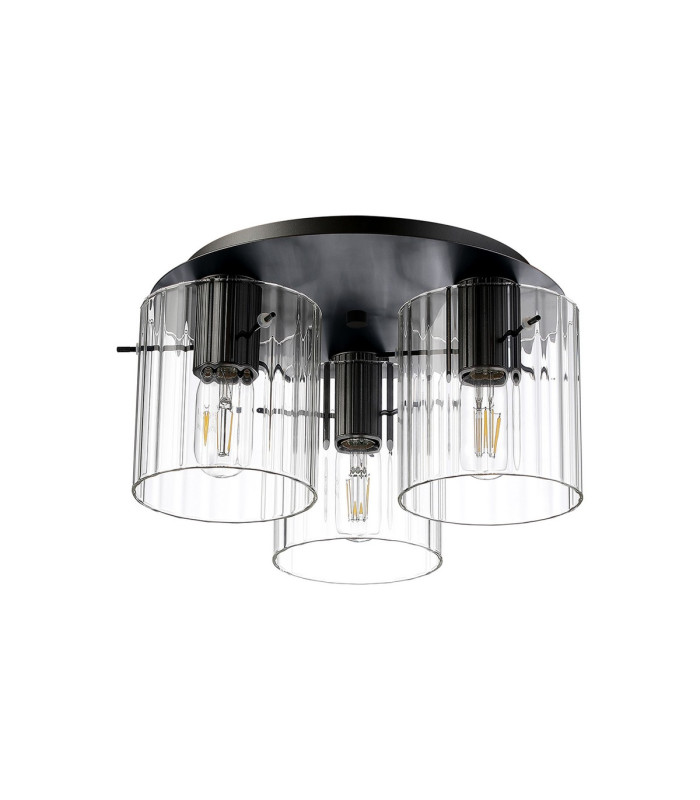 Hudson 41cm Round Ceiling Flush 3 Light Flush Fitting E27 Dark Grey/Clear Wide Line Glass-4