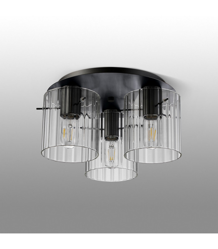 Hudson 41cm Round Ceiling Flush 3 Light Flush Fitting E27 Dark Grey/Clear Wide Line Glass-7
